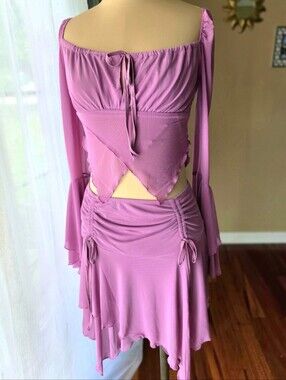 Current Mood NWT Pink Mesh 2 Piece Skirt Set Y2K Fairycore Bell Sleeve Small